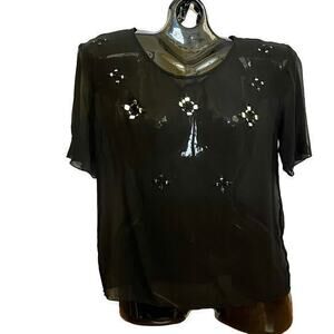 Bec & Bridge Black Silk Chiffon Sencha Star Embellished Short-Sleeve Tee Blouse